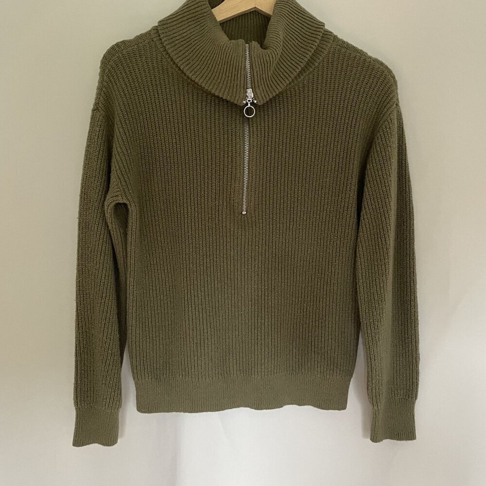 Talbots Sz MP cotton wool‎ green knit half zip cowl neck pullover sweater casual